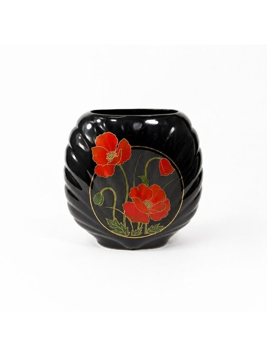 Other - Oriental Vase Black Gloss Porcelain Red Poppies Flowers Poppy Fine China Japan 8